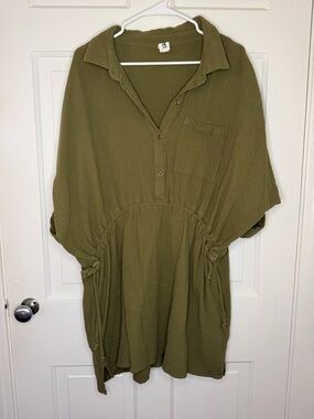 Flawless Olive Green Gauze Tunic Dress Size M Boho Oversized Shirt Dress